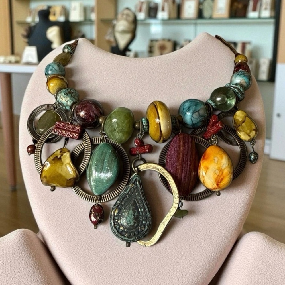 Chunky Boho Multicolor Faux Stone Memory Wire Statement Necklace - Patina Look